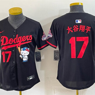 Women's Los Angeles Dodgers #17 大谷翔平 Black Hello Kitty Night 2025 World Series Champions Patch Stitched Baseball Je...