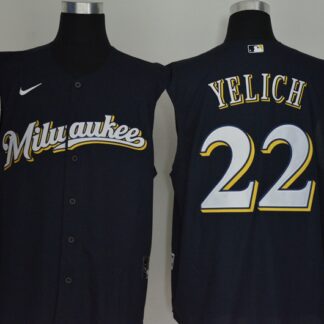 Men's Milwaukee Brewers #22 Christian Yelich Navy Blue 2020 Cool and Refreshing Sleeveless Fan Stitched MLB Nike Je...
