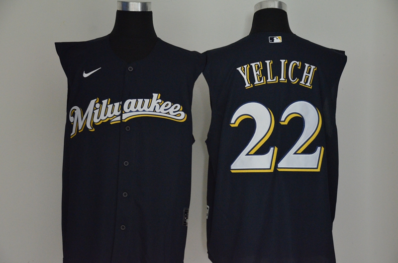 Men's Milwaukee Brewers #22 Christian Yelich Navy Blue 2020 Cool and Refreshing Sleeveless Fan Stitched MLB Nike Je...