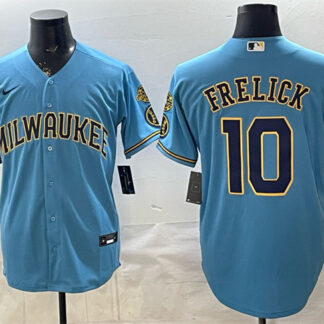 Men's Milwaukee Brewers #10 Sal Frelick Blue With Home & Bob Uecker Patch Stitched Baseball Jersey