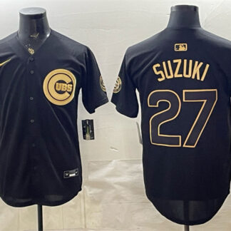 Men's Chicago Cubs #27 Seiya Suzuki Black Gold 150th Anniversary Patch Stitched Baseball Jersey