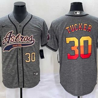 Men's Houston Astros #30 Kyle Tucker Number Grey Gridiron Cool Base Stitched Baseball Jersey