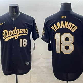 Men's Los Angeles Dodgers #18 Yoshinobu Yamamoto Black Gold 2025 Back to Back Champions Patch Limited Stitched Base...