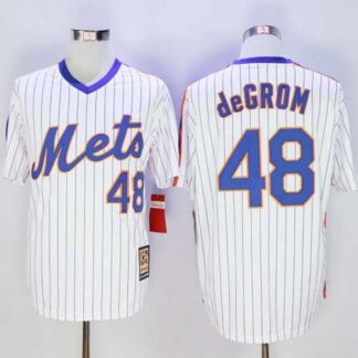 New York Mets #48 Jacob DeGrom White(Blue Strip) Cooperstown Stitched Jersey