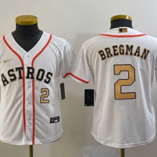 Youth Houston Astros #2 Alex Bregman Number 2023 White Gold World Serise Champions Patch Cool Base Stitched Jerseys