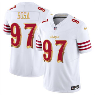Men's San Francisco 49ers #97 Nick Bosa White Gold 2025 F.U.S.E. âRivalriesâ Vapor Limited Football Stitched Je...