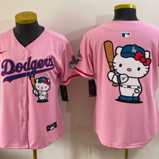 Women's Los Angeles Dodgers Team Big Logo Pink Hello Kitty Night 2025 World Series Champions Patch Stitched Basebal...