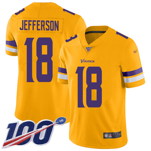 Nike Minnesota Vikings #18 Justin Jefferson Gold Men’s Stitched NFL Limited Inverted Legend 100th Season Jersey