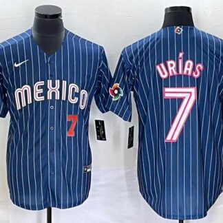 Men’s Mexico Baseball #7 Julio Urias Number Navy Blue Pinstripe 2020 World Series Cool Base Nike Jersey3