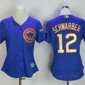 Women Chicago Cubs #12 Kyle Schwarber Blue World Series Champions Gold Program Cool Base Jersey