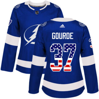 Adidas Tampa Bay Lightning #37 Yanni Gourde Blue Home Authentic USA Flag Women’s Stitched NHL Jersey