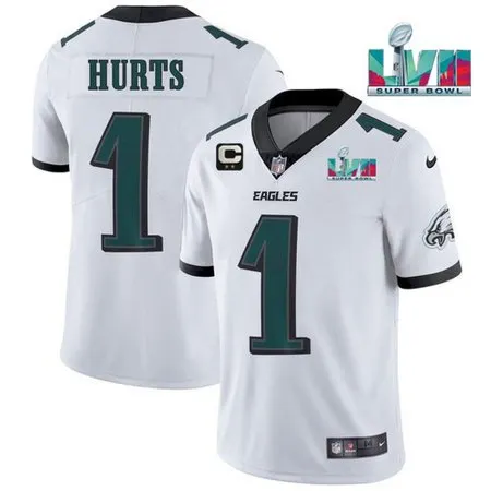 Men's Philadelphia Eagles #1 Jalen Hurts White Super Bowl LVII Patch And 2-star C Patch Vapor Untouchable Limited S...