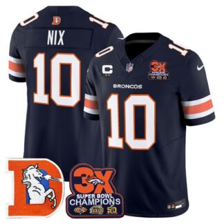 Men's & Women's & Youth Denver Broncos #10 Bo Nix Navy F.U.S.E. 3-Time Champions Throwback Vapor Limited Stitched J...