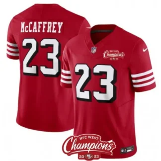 Men's San Francisco 49ers #23 Christian McCaffrey Red 2023 F.U.S.E. NFC West Champions Patch Alternate Stitched Foo...