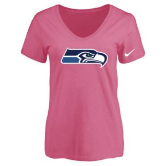 Women's Seattle Seahawks Pink Logo V neck T-Shirt FengYun