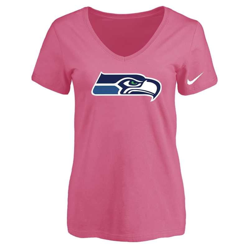 Women's Seattle Seahawks Pink Logo V neck T-Shirt FengYun