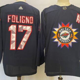 Men's Minnesota Wild #17 Marcus Foligno 2022 Navy Native American Heritage Day Stitched Jersey