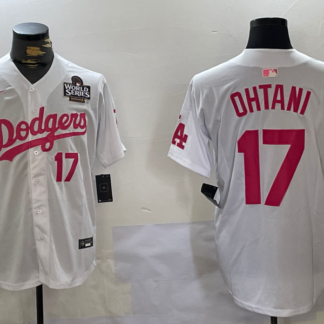 Men's Los Angeles Dodgers #17 Shohei Ohtani Number White Pink 2024 World Series Limited Cool Base Stitched Jersey