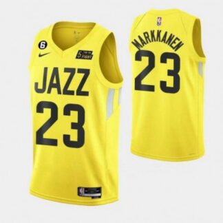Men's Utah Jazz #23 Lauri Elias Markkanen With No.6 Patch Yellow 2022/23 Association Edition Stitched Basketball Je...