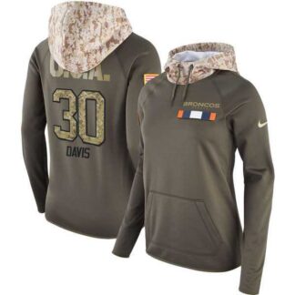 Women Nike Broncos 30 Terrell Davis Olive Salute To Service Pullover Hoodie