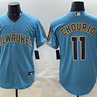 Men's Milwaukee Brewers #11 Jackson Chourio Blue With Home & Bob Uecker Patch Stitched Baseball Jersey