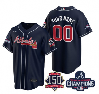 Men's Navy Atlanta Braves Active Player Custom 2021 World Series Chimpions With 150th Anniversary Cool Base Stitche...