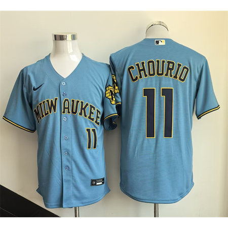 Men's Milwaukee Brewers #11 Jackson Chourio Mineral Blue 2026 City Connect Stadium Stitched Baseball Jersey