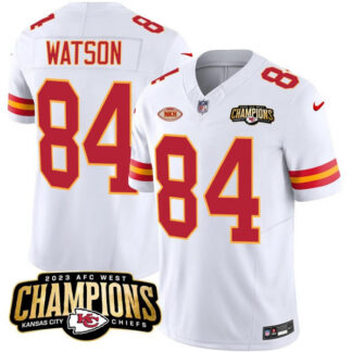 Menâs Kansas City Chiefs #84 Justin Watson White 2023 F.U.S.E. AFC West Champions With NKH Patch Vapor Untouchabl...