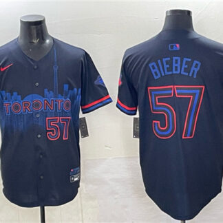 Men's Toronto Blue Jays #57 Shane Bieber Navy 2024 City Connect Limited Stitched Baseball Jersey