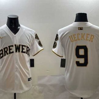 Men's Milwaukee Brewers #9 Bob Uecker White Gold With Home Patch Limited Stitched Jersey