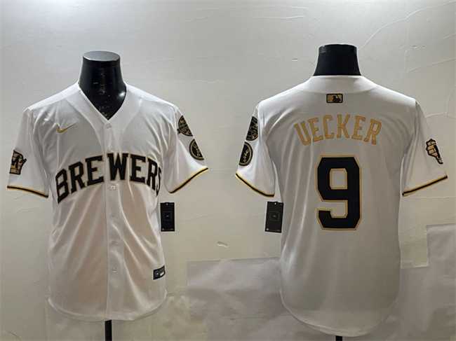 Men's Milwaukee Brewers #9 Bob Uecker White Gold With Home Patch Limited Stitched Jersey