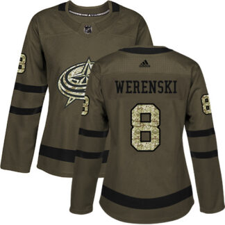 Adidas Columbus Blue Jackets #8 Zach Werenski Green Salute to Service Women’s Stitched NHL Jersey