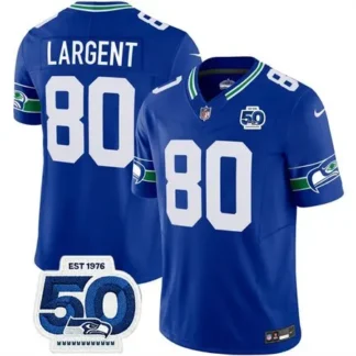 Men's Seattle Seahawks #80 Steve Largent Royal 2025 F.U.S.E 50th Anniversary Patch Throwback Vapor Limited Stitched...