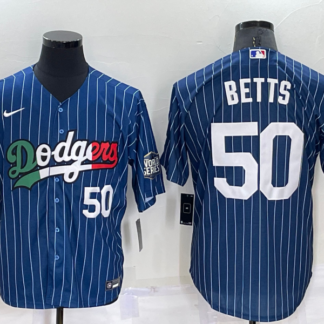 Men's Los Angeles Dodgers #50 Mookie Betts Number Navy Blue Pinstripe 2020 World Series Cool Base Nike Jersey