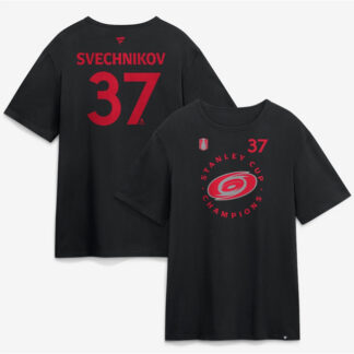 Men's Carolina Hurricanes #37 Andrei Svechnikov Black 2026 Stanley Cup Champions Name & Number T-Shirt