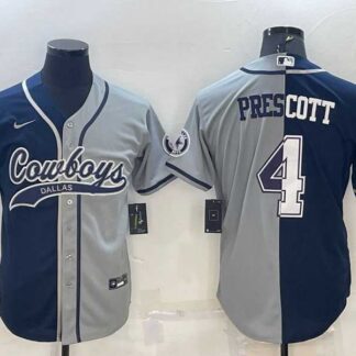 Men's Dallas Cowboys #4 Dak Prescott Navy Blue Grey Two Tone With Patch Cool Base Stitched Baseball Jersey