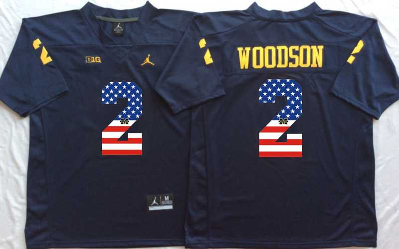 Michigan Wolverines #2 Charles Woodson Navy USA Flag College Stitched Jersey