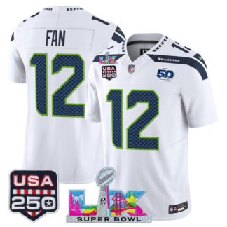 Men's Seattle Seahawks #12 Fan White 2026 Super Bowl LX & United States 250th Anniversary Patch F.U.S.E. Vapor Limi...