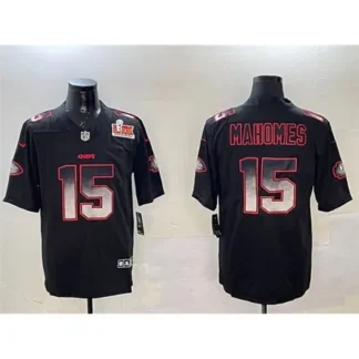 Men's Kansas City Chiefs #15 Patrick Mahomes Black 2025 Super Bowl LIX Patch Smoke Fashion Vapor Limited Stitched F...
