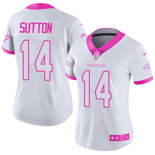 Nike Denver Broncos #14 Courtland Sutton White/Pink Women’s Stitched NFL Limited Rush Fashion Jersey