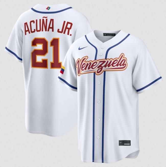 Men's Venezuela Baseball #21 Ronald Acuna Jr. White 2026 World Baseball Classic Home Stadium Stitched Jersey
