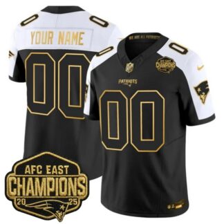 New England Patriots Custom Black White Gold F.U.S.E. 2025 AFC East Division Champions Vapor Limited Stitched Jersey