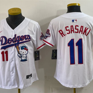 Women's Los Angeles Dodgers #11 Roki Sasaki White Hello Kitty Night 2025 World Series Champions Patch Stitched Base...