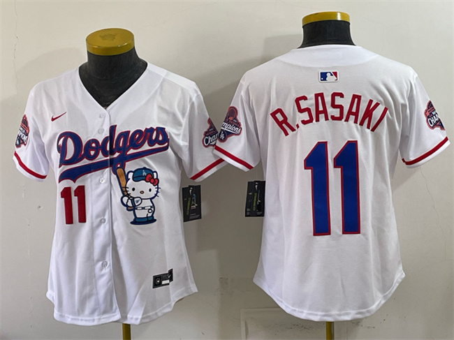 Women's Los Angeles Dodgers #11 Roki Sasaki White Hello Kitty Night 2025 World Series Champions Patch Stitched Base...