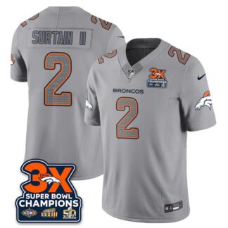 Men & Women & Youth Denver Broncos #2 Patrick Surtain II Grey Atmosphere Fashion 3x SB Champions F.U.S.E. Vapor Lim...