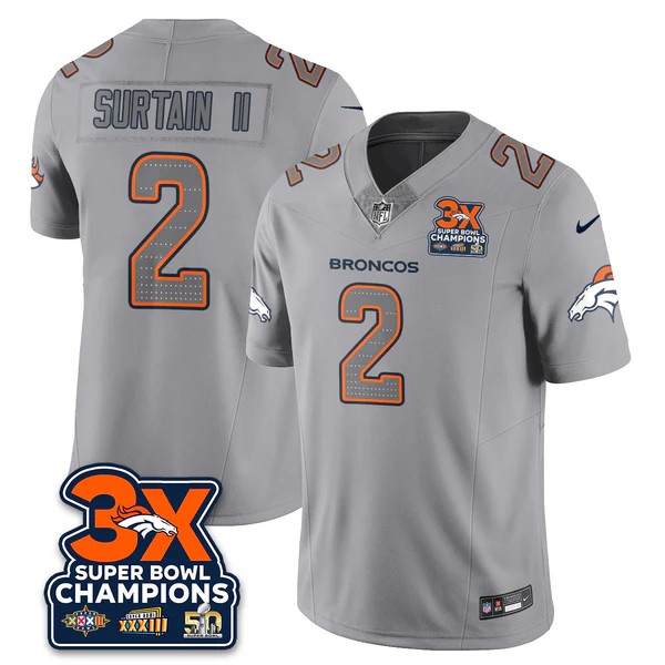 Men & Women & Youth Denver Broncos #2 Patrick Surtain II Grey Atmosphere Fashion 3x SB Champions F.U.S.E. Vapor Lim...