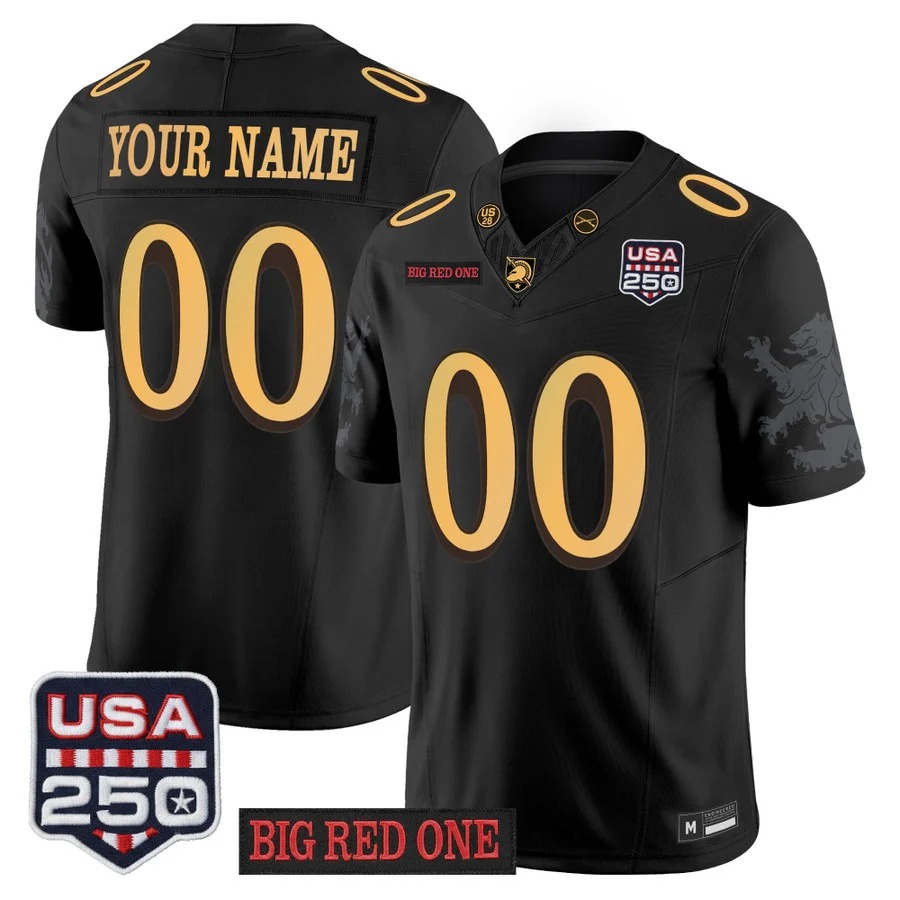 Army Black Knights Big Red One & USA 250 Patch Vapor Custom Jersey - Stitched Numbers Patches - Black Lion Graphic...
