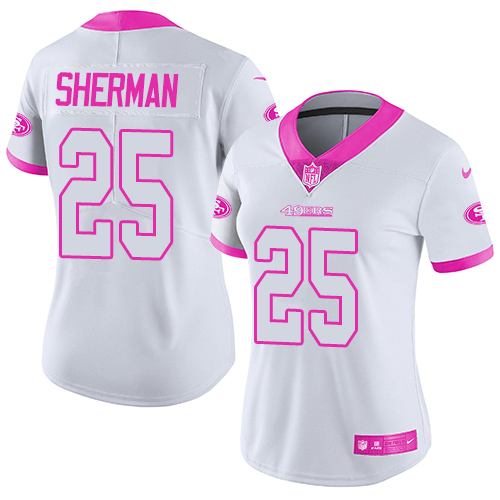 Nike San Francisco 49ers #25 Richard Sherman White/Pink Women’s Stitched NFL Limited Rush Fashion Jersey