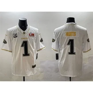 Men's Philadelphia Eagles #1 Jalen Hurts White/Gold 2025 Super Bowl LIX Patch And 3-star C Patch Salute To Service...