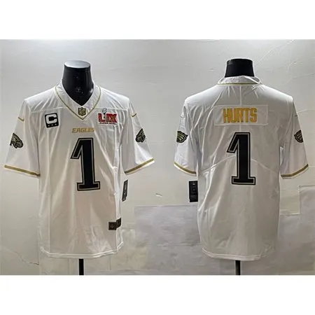 Men's Philadelphia Eagles #1 Jalen Hurts White/Gold 2025 Super Bowl LIX Patch And 3-star C Patch Salute To Service...